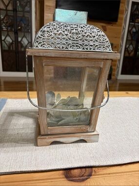 Rustic Whitewashed Wood Lantern with Silver Filigree Top